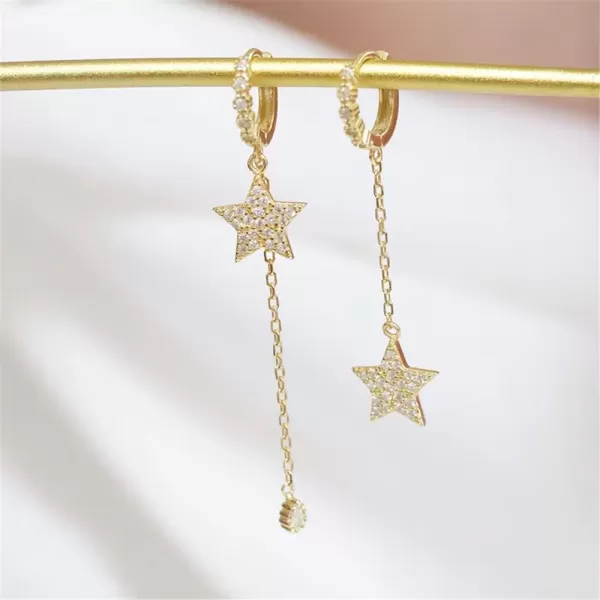 imageHuggie Crystal Star Chain Dangle Hoop Earrings for Women S925 Sterling Silver with Charms Asymmetrical Pave CZ Tassel Drop Cartilage Clip Dainty Jewelry Christmas Gifts for Mom Sis Gold Plated