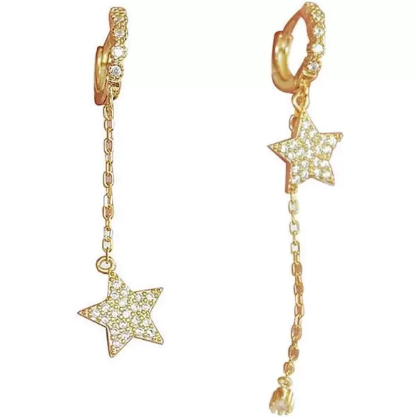 imageHuggie Crystal Star Chain Dangle Hoop Earrings for Women S925 Sterling Silver with Charms Asymmetrical Pave CZ Tassel Drop Cartilage Clip Dainty Jewelry Christmas Gifts for Mom Sis Gold Plated