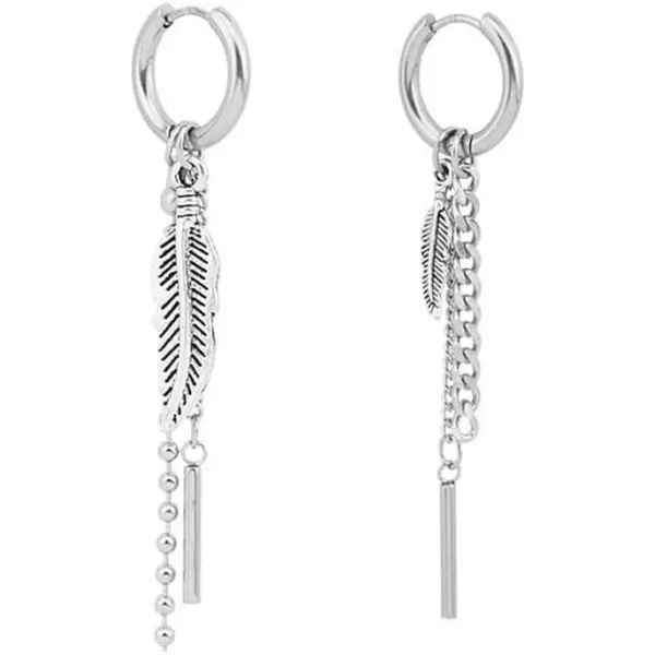 imagePunk Feather Chain Drop Dangle Hoop Stainless Steel Earrings for Women Men Stainless Steel Asymetrical Vintage Leaf Ball Bead Tassel Bar Dangly Personalized Huggie Kpop Earring for BTS Fans