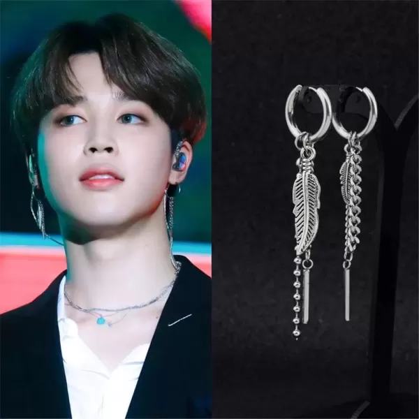 imagePunk Feather Chain Drop Dangle Hoop Stainless Steel Earrings for Women Men Stainless Steel Asymetrical Vintage Leaf Ball Bead Tassel Bar Dangly Personalized Huggie Kpop Earring for BTS Fans