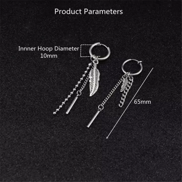 imagePunk Feather Chain Drop Dangle Hoop Stainless Steel Earrings for Women Men Stainless Steel Asymetrical Vintage Leaf Ball Bead Tassel Bar Dangly Personalized Huggie Kpop Earring for BTS Fans