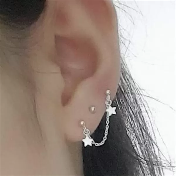 imageStar Double Piercing Tassel Chain Drop Dangle Cartilage Ball Bead Stud Earrings for Women 925 Sterling Silver Double Stars 2 Hole Helix Tragus Post Pin Fashion Cute Birthday Christmas Easter Jewelry Gifts