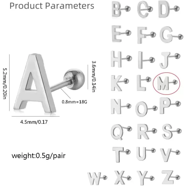 image18G Tiny Initial Stud Earrings for Women Girls 925 Sterling Silver 14K Gold Plated Hypoallergenic Cute Small Alphabet Letter Cartilage Tragus 3mm Ball Screw Back Piercing Sensitive EarM Silver