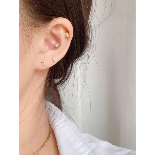 image18G Tiny Initial Stud Earrings for Women Girls 925 Sterling Silver 14K Gold Plated Hypoallergenic Cute Small Alphabet Letter Cartilage Tragus 3mm Ball Screw Back Piercing Sensitive EarB Golden