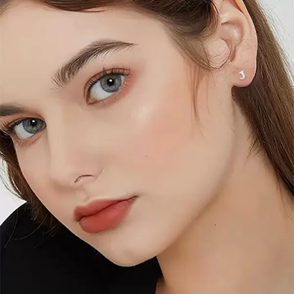 image18G Tiny Initial Stud Earrings for Women Girls 925 Sterling Silver 14K Gold Plated Hypoallergenic Cute Small Alphabet Letter Cartilage Tragus 3mm Ball Screw Back Piercing Sensitive EarJ Silvery