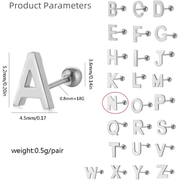 image18G Tiny Initial Stud Earrings for Women Girls 925 Sterling Silver 14K Gold Plated Hypoallergenic Cute Small Alphabet Letter Cartilage Tragus 3mm Ball Screw Back Piercing Sensitive EarN Silvery