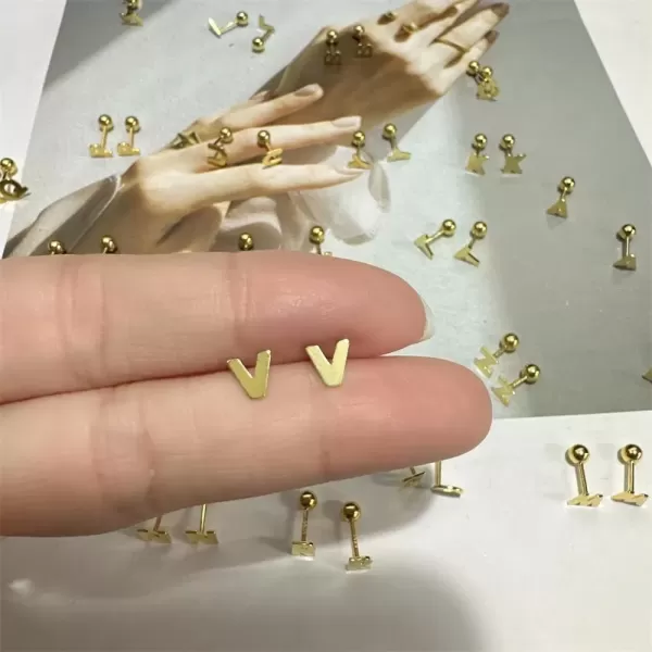 image18G Tiny Initial Stud Earrings for Women Girls 925 Sterling Silver 14K Gold Plated Hypoallergenic Cute Small Alphabet Letter Cartilage Tragus 3mm Ball Screw Back Piercing Sensitive EarV GoldTone