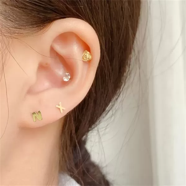 image18G Tiny Initial Stud Earrings for Women Girls 925 Sterling Silver 14K Gold Plated Hypoallergenic Cute Small Alphabet Letter Cartilage Tragus 3mm Ball Screw Back Piercing Sensitive EarN Golden