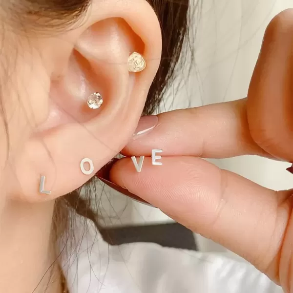 image18G Tiny Initial Stud Earrings for Women Girls 925 Sterling Silver 14K Gold Plated Hypoallergenic Cute Small Alphabet Letter Cartilage Tragus 3mm Ball Screw Back Piercing Sensitive EarL Silver