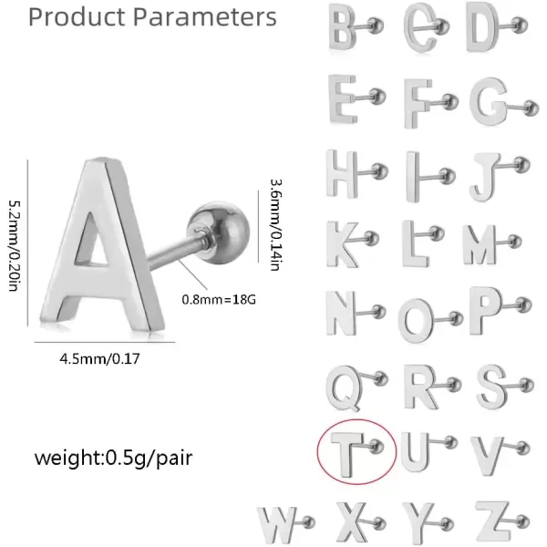image18G Tiny Initial Stud Earrings for Women Girls 925 Sterling Silver 14K Gold Plated Hypoallergenic Cute Small Alphabet Letter Cartilage Tragus 3mm Ball Screw Back Piercing Sensitive EarT Silvery