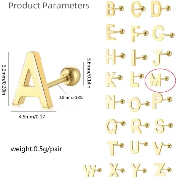 image18G Tiny Initial Stud Earrings for Women Girls 925 Sterling Silver 14K Gold Plated Hypoallergenic Cute Small Alphabet Letter Cartilage Tragus 3mm Ball Screw Back Piercing Sensitive EarM Golden