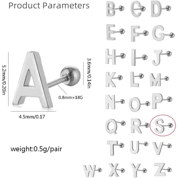 image18G Tiny Initial Stud Earrings for Women Girls 925 Sterling Silver 14K Gold Plated Hypoallergenic Cute Small Alphabet Letter Cartilage Tragus 3mm Ball Screw Back Piercing Sensitive EarS Silvery
