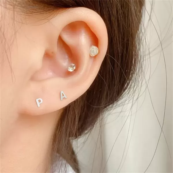image18G Tiny Initial Stud Earrings for Women Girls 925 Sterling Silver 14K Gold Plated Hypoallergenic Cute Small Alphabet Letter Cartilage Tragus 3mm Ball Screw Back Piercing Sensitive EarA Silvery