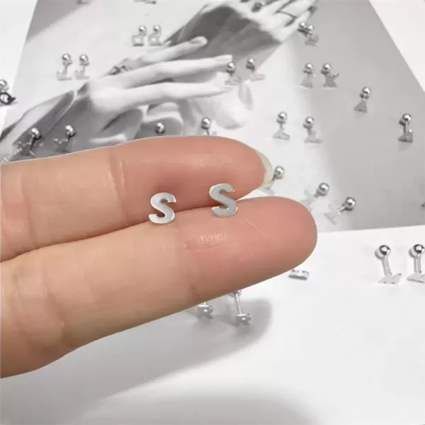 image18G Tiny Initial Stud Earrings for Women Girls 925 Sterling Silver 14K Gold Plated Hypoallergenic Cute Small Alphabet Letter Cartilage Tragus 3mm Ball Screw Back Piercing Sensitive EarS Silvery