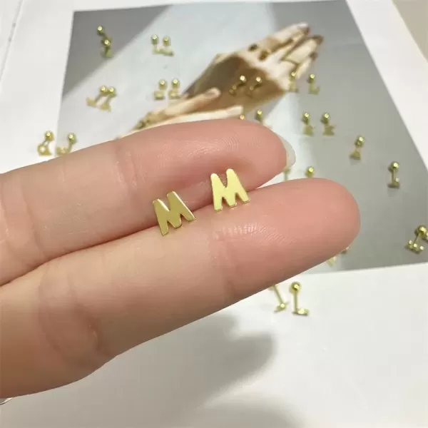 image18G Tiny Initial Stud Earrings for Women Girls 925 Sterling Silver 14K Gold Plated Hypoallergenic Cute Small Alphabet Letter Cartilage Tragus 3mm Ball Screw Back Piercing Sensitive EarM Golden
