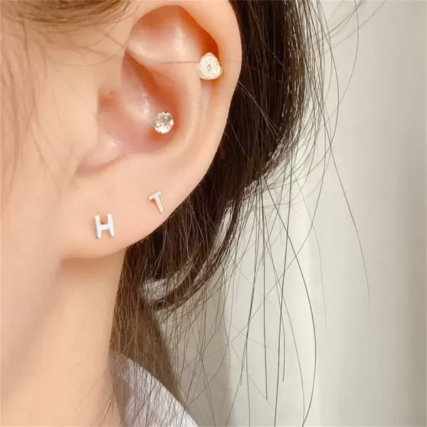 image18G Tiny Initial Stud Earrings for Women Girls 925 Sterling Silver 14K Gold Plated Hypoallergenic Cute Small Alphabet Letter Cartilage Tragus 3mm Ball Screw Back Piercing Sensitive EarT Silvery