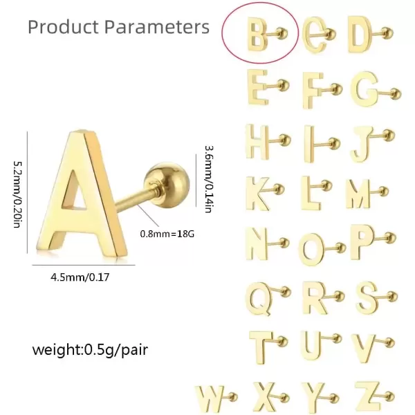 image18G Tiny Initial Stud Earrings for Women Girls 925 Sterling Silver 14K Gold Plated Hypoallergenic Cute Small Alphabet Letter Cartilage Tragus 3mm Ball Screw Back Piercing Sensitive EarB Golden
