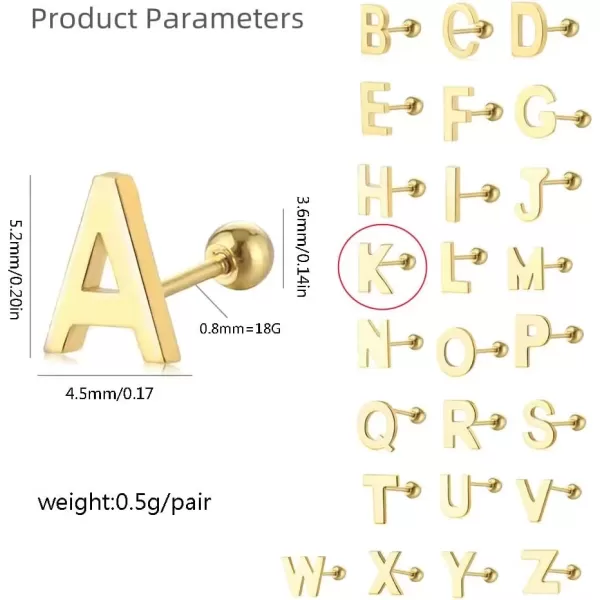 image18G Tiny Initial Stud Earrings for Women Girls 925 Sterling Silver 14K Gold Plated Hypoallergenic Cute Small Alphabet Letter Cartilage Tragus 3mm Ball Screw Back Piercing Sensitive EarKGolden