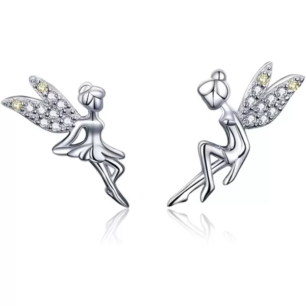 imageCZ Fairy Stud Earrings for Women Girls S925 Sterling Silver SilverTone Asymmtric TwoTone Cubic Zirconia Crystal Tinkerbell Angel Wings Tiny Stud Hypoallergenic Jewelry Gifts for Daughter