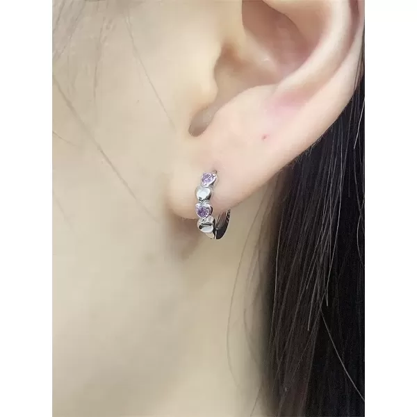 imageDouble Love Heart Cubic Zirconia Small Hoop Earrings for Women Teen Girls 925 Sterling Silver Tiny Cute Huggie Hoops Cartilage Birthstone Jewelry Gifts for Her Purple CZ