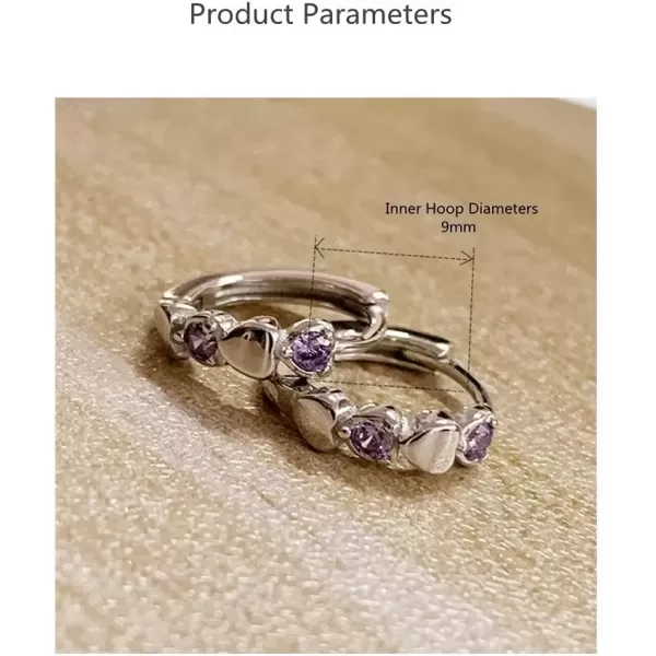imageDouble Love Heart Cubic Zirconia Small Hoop Earrings for Women Teen Girls 925 Sterling Silver Tiny Cute Huggie Hoops Cartilage Birthstone Jewelry Gifts for Her Purple CZ
