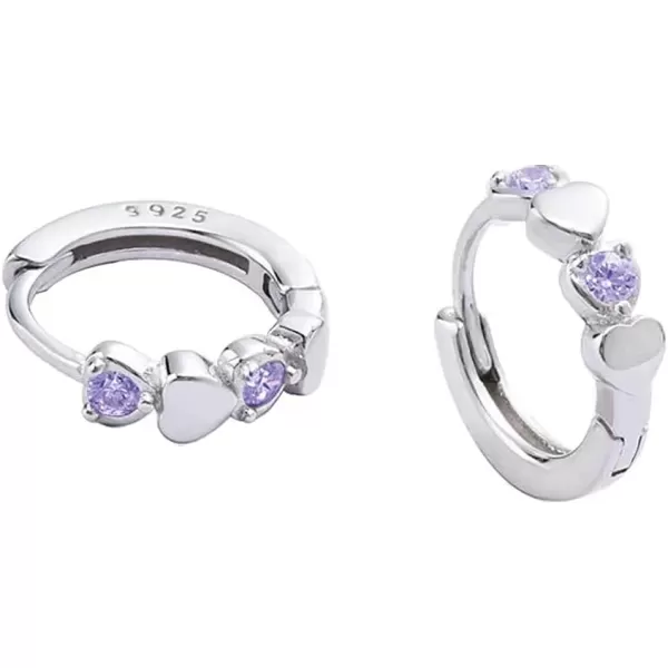 imageDouble Love Heart Cubic Zirconia Small Hoop Earrings for Women Teen Girls 925 Sterling Silver Tiny Cute Huggie Hoops Cartilage Birthstone Jewelry Gifts for Her Purple CZ