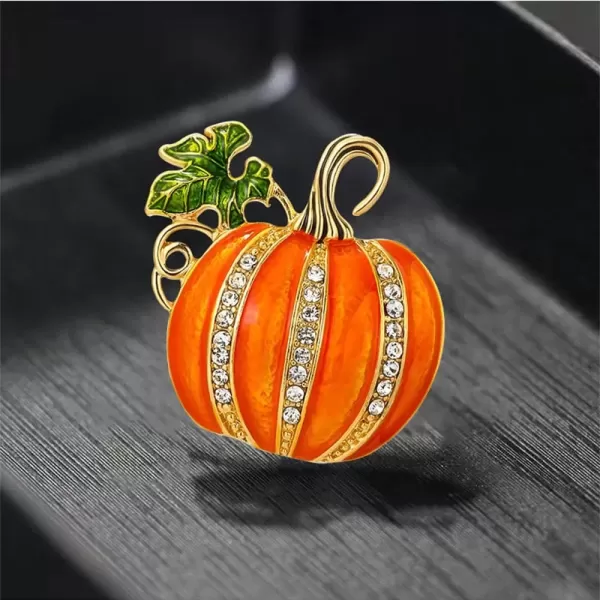 imageRhinestone Pumpkin Brooch Pin for Women Girls Gold Tone Fashion Enamel Halloween Thanksgiving Green Leaf Brooches Lapel Pins Cute Fall Holiday Festival Hat Bag Suit Dress Accessories Jewelry Gift Souvenir