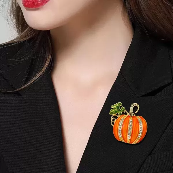 imageRhinestone Pumpkin Brooch Pin for Women Girls Gold Tone Fashion Enamel Halloween Thanksgiving Green Leaf Brooches Lapel Pins Cute Fall Holiday Festival Hat Bag Suit Dress Accessories Jewelry Gift Souvenir