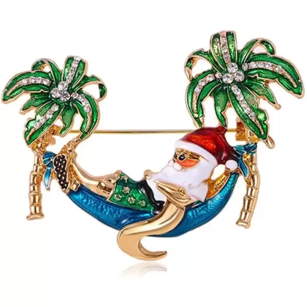 imageSanta Claus on Vacation Brooch Pin for Women Girls Unisex GoldTone Fashion Rhinestone Green Hawaii Palm Tree Christmas Brooch Lapel Pins Cute Funny Dress Accessories Xmas Holiday Jewelry Gift Souvenir