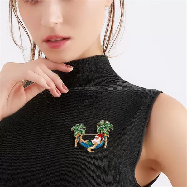 imageSanta Claus on Vacation Brooch Pin for Women Girls Unisex GoldTone Fashion Rhinestone Green Hawaii Palm Tree Christmas Brooch Lapel Pins Cute Funny Dress Accessories Xmas Holiday Jewelry Gift Souvenir