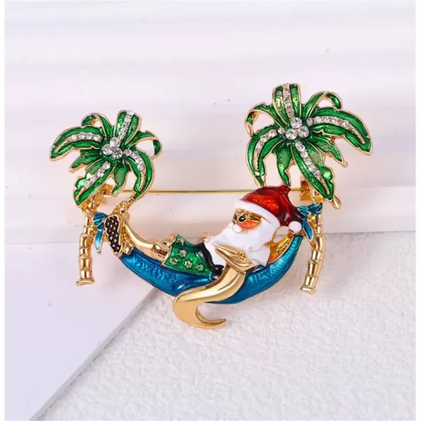 imageSanta Claus on Vacation Brooch Pin for Women Girls Unisex GoldTone Fashion Rhinestone Green Hawaii Palm Tree Christmas Brooch Lapel Pins Cute Funny Dress Accessories Xmas Holiday Jewelry Gift Souvenir