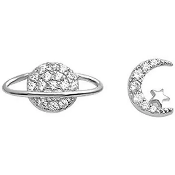 imageStar Moon Planet Universe Asymmetrical CZ Stud Earrings for Women S925 Sterling Silver Tiny Cute Tragus Post Pin Nickel Free Earring Fashion Friendship Lucky Jewelry White Gold Plated
