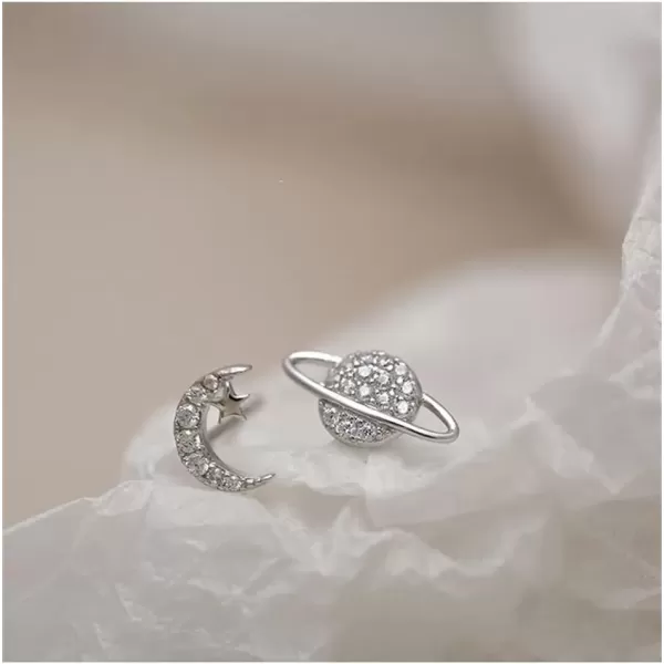 imageStar Moon Planet Universe Asymmetrical CZ Stud Earrings for Women S925 Sterling Silver Tiny Cute Tragus Post Pin Nickel Free Earring Fashion Friendship Lucky Jewelry White Gold Plated
