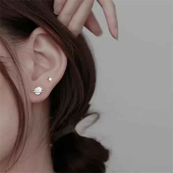 imageStar Moon Planet Universe Asymmetrical CZ Stud Earrings for Women S925 Sterling Silver Tiny Cute Tragus Post Pin Nickel Free Earring Fashion Friendship Lucky Jewelry White Gold Plated