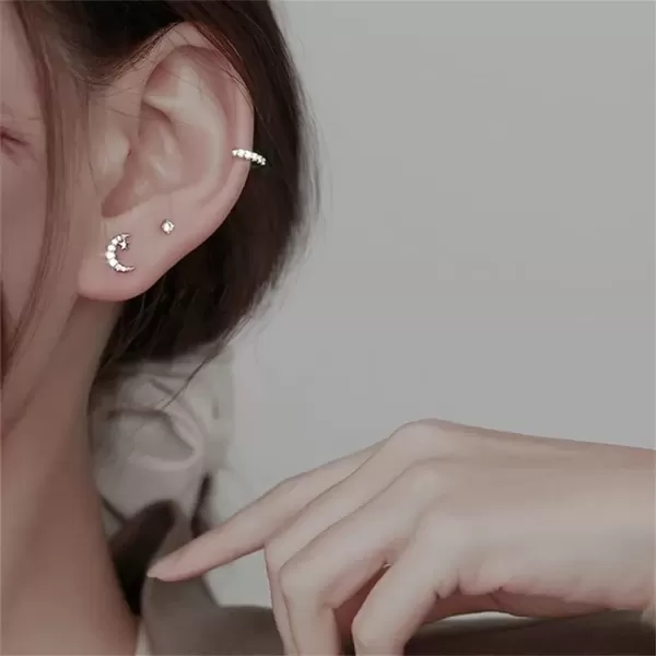 imageStar Moon Planet Universe Asymmetrical CZ Stud Earrings for Women S925 Sterling Silver Tiny Cute Tragus Post Pin Nickel Free Earring Fashion Friendship Lucky Jewelry White Gold Plated