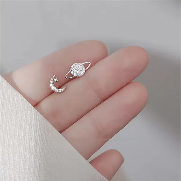 imageStar Moon Planet Universe Asymmetrical CZ Stud Earrings for Women S925 Sterling Silver Tiny Cute Tragus Post Pin Nickel Free Earring Fashion Friendship Lucky Jewelry White Gold Plated