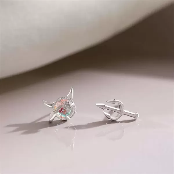 imageTiny Cute Devil Stud Earrings for Women 925 Sterling Silver Hypoallergenic Asymmetrical Crystal Artificial Moonstone Monster Post Christmas Halloween Party Gift