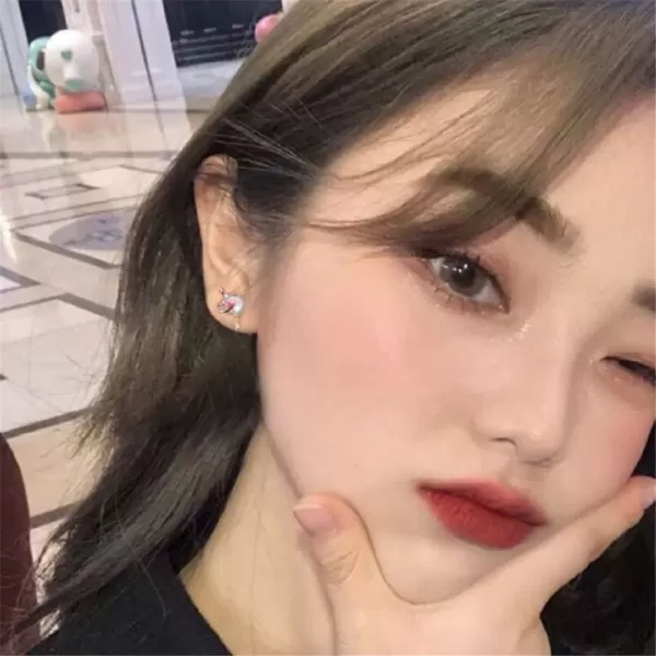 imageTiny Cute Devil Stud Earrings for Women 925 Sterling Silver Hypoallergenic Asymmetrical Crystal Artificial Moonstone Monster Post Christmas Halloween Party Gift