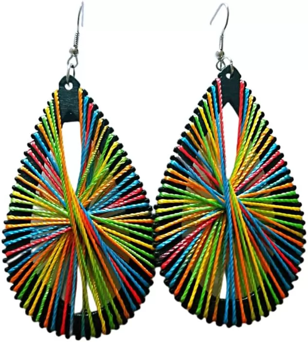 imageBoho Wooden Teardrop with Colorful Cotton Statement Drop Dangle Earrings for Women Vintage Handmade Big Black Wood Lightweight Ethnic Bohemian Jewelry