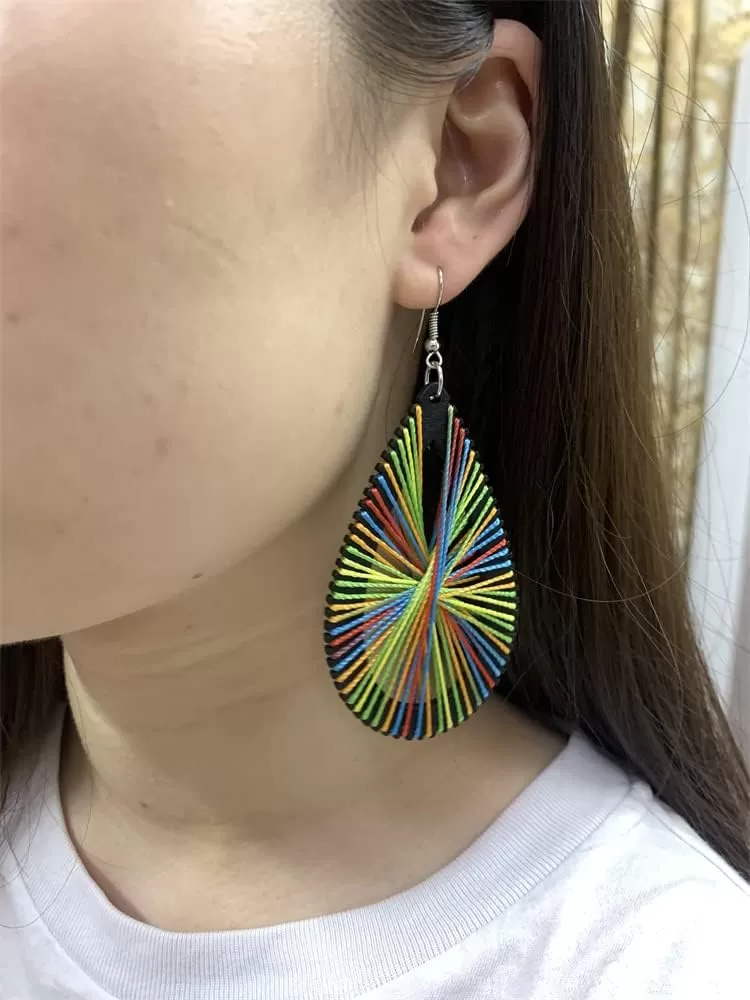 imageBoho Wooden Teardrop with Colorful Cotton Statement Drop Dangle Earrings for Women Vintage Handmade Big Black Wood Lightweight Ethnic Bohemian Jewelry