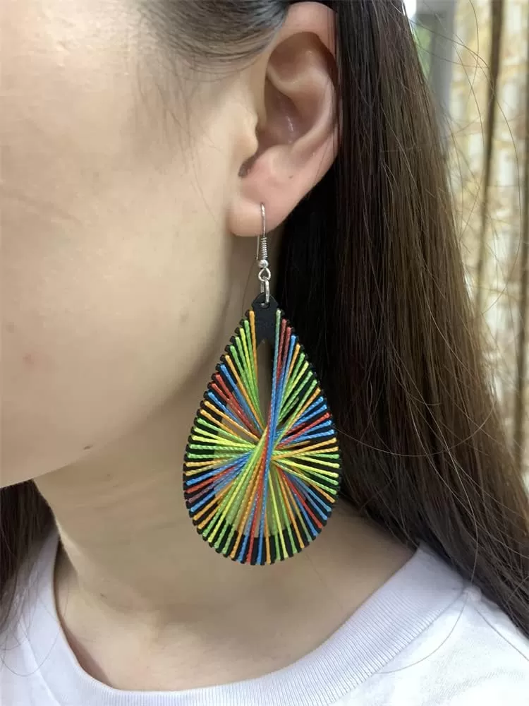 imageBoho Wooden Teardrop with Colorful Cotton Statement Drop Dangle Earrings for Women Vintage Handmade Big Black Wood Lightweight Ethnic Bohemian Jewelry