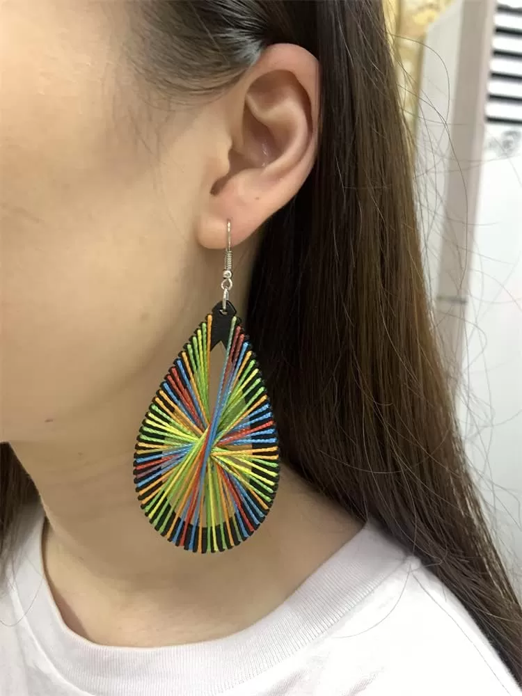 imageBoho Wooden Teardrop with Colorful Cotton Statement Drop Dangle Earrings for Women Vintage Handmade Big Black Wood Lightweight Ethnic Bohemian Jewelry