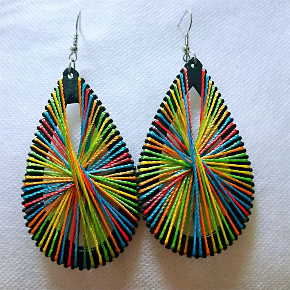 imageBoho Wooden Teardrop with Colorful Cotton Statement Drop Dangle Earrings for Women Vintage Handmade Big Black Wood Lightweight Ethnic Bohemian Jewelry