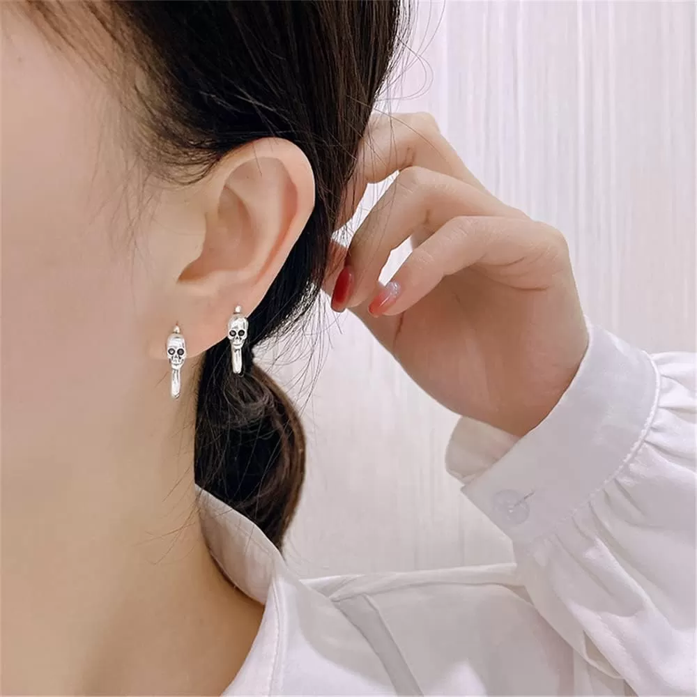 imageMinimalist Skull Hoop Earrings for Women Unisex Silver Tone Small Cartilage Huggie Hoops Hypoallergenic Vintage Gothic Halloween Jewelry