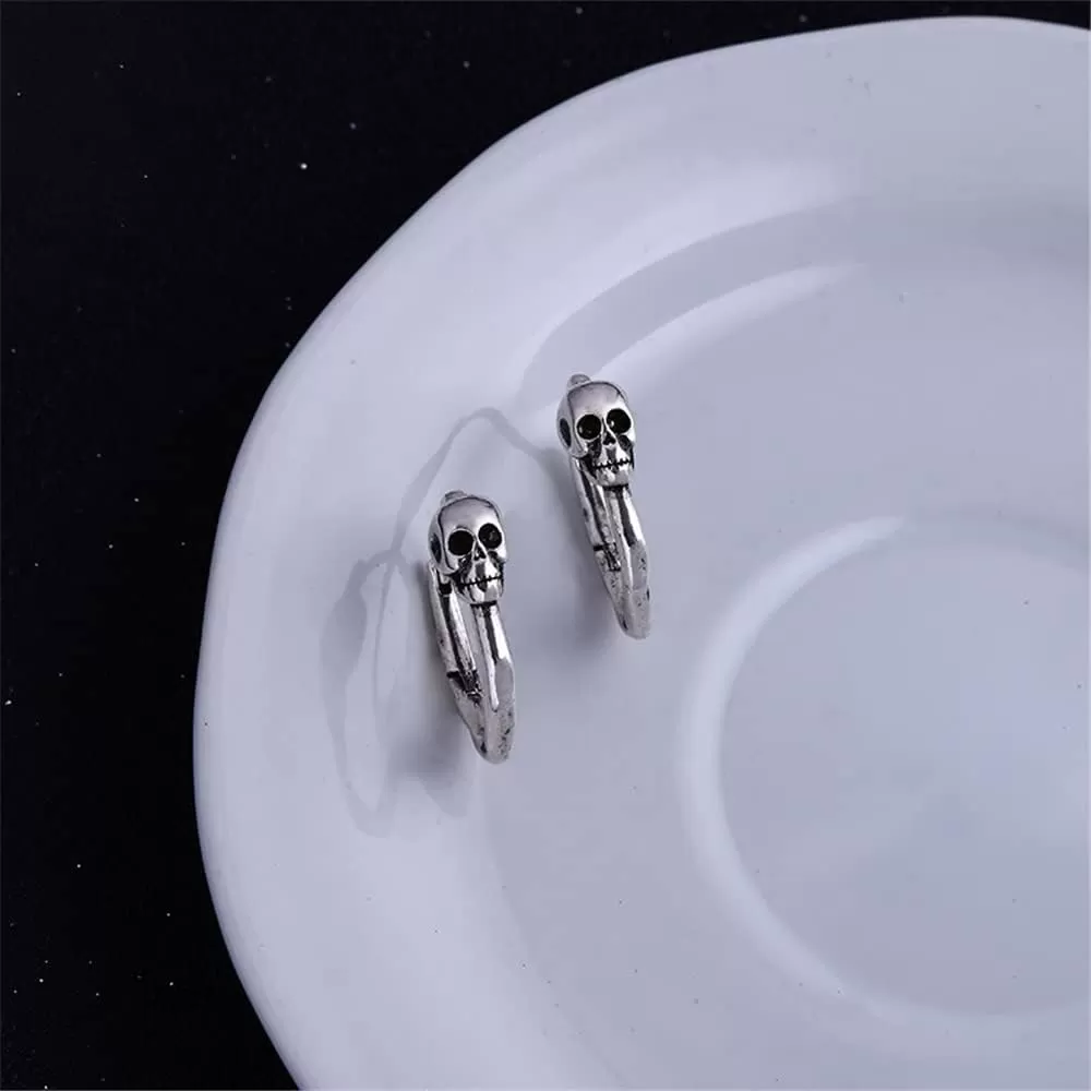 imageMinimalist Skull Hoop Earrings for Women Unisex Silver Tone Small Cartilage Huggie Hoops Hypoallergenic Vintage Gothic Halloween Jewelry