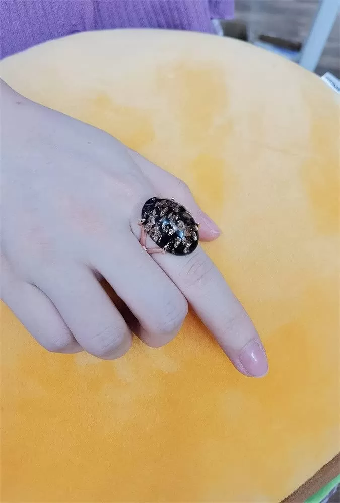 imageVintage Agage Ring for Women Rose Gold Plated Chunky Dome Black Artificial Band Ring Comfort Fit Boho Bollywood Turkish Style Jewelry Size 8