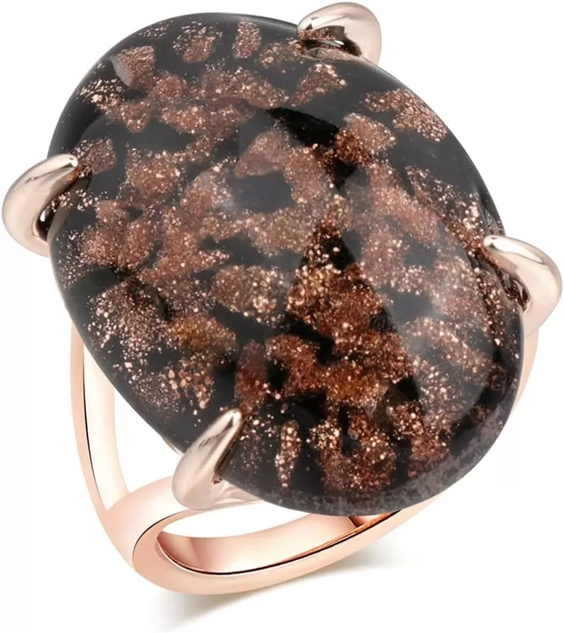 imageVintage Agage Ring for Women Rose Gold Plated Chunky Dome Black Artificial Band Ring Comfort Fit Boho Bollywood Turkish Style Jewelry Size 8