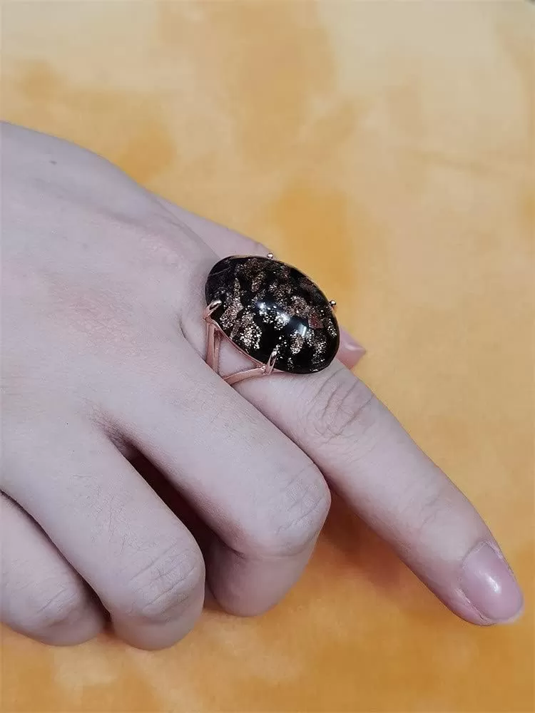 imageVintage Agage Ring for Women Rose Gold Plated Chunky Dome Black Artificial Band Ring Comfort Fit Boho Bollywood Turkish Style Jewelry Size 8