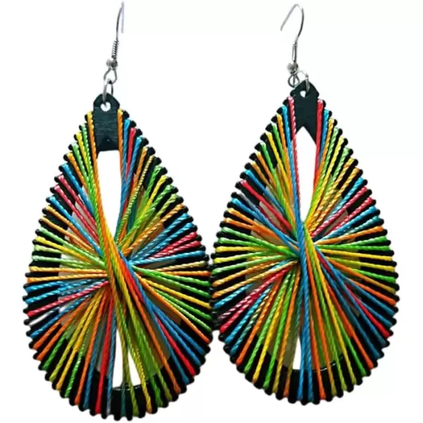 imageBoho Wooden Teardrop with Colorful Cotton Statement Drop Dangle Earrings for Women Vintage Handmade Big Black Wood Lightweight Ethnic Bohemian Jewelry