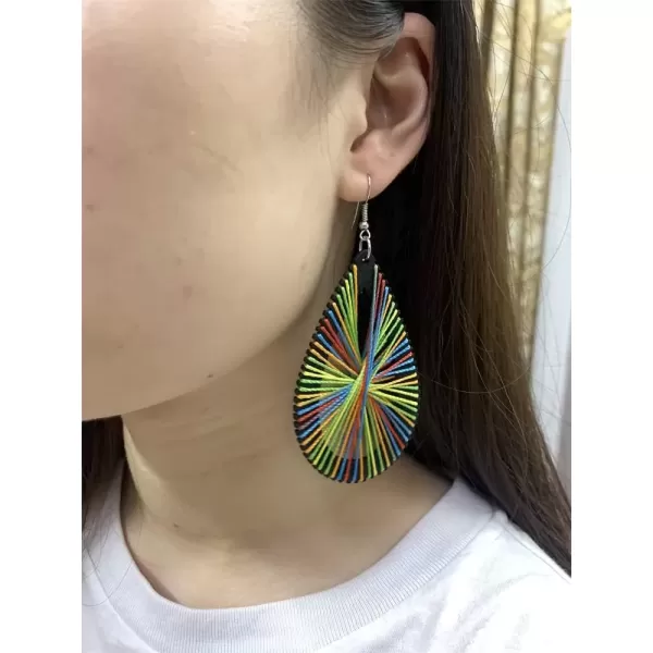 imageBoho Wooden Teardrop with Colorful Cotton Statement Drop Dangle Earrings for Women Vintage Handmade Big Black Wood Lightweight Ethnic Bohemian Jewelry